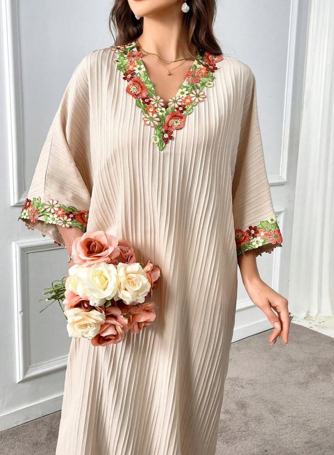 Take Two Women Textured Flower Patch Detail V Neck Jalabiya - Image 4